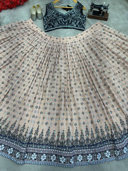 Cream Color Georgette Sequence 4 Meter Flair Lehenga Choli