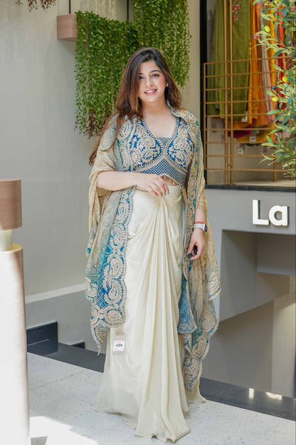 Ready to Wear Chinon Silk Multi Thread Work Indo Western Drape Saree
