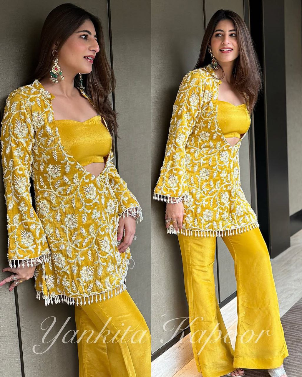 Yellow Color Chinon Silk Muiti Thread Indo Western