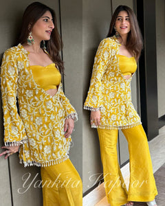 Yellow Color Chinon Silk Muiti Thread Indo Western