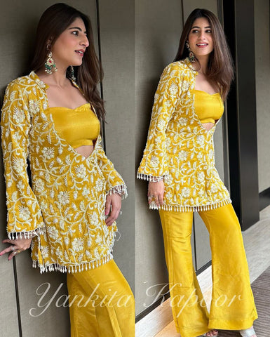 Yellow Color Chinon Silk Muiti Thread Indo Western