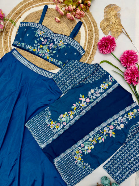 Blue Color Chinon Silk Jacket Saree