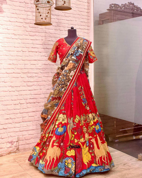 Ready Made Red Color French Crape Silk Printed Lehenga Choli
