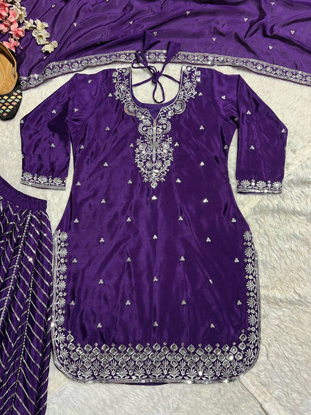 Purple Color Embroidered Chnon Silk Sharara Suit