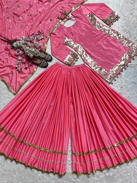 Peach Color Chinon Silk Sequence Work Sharara Suit