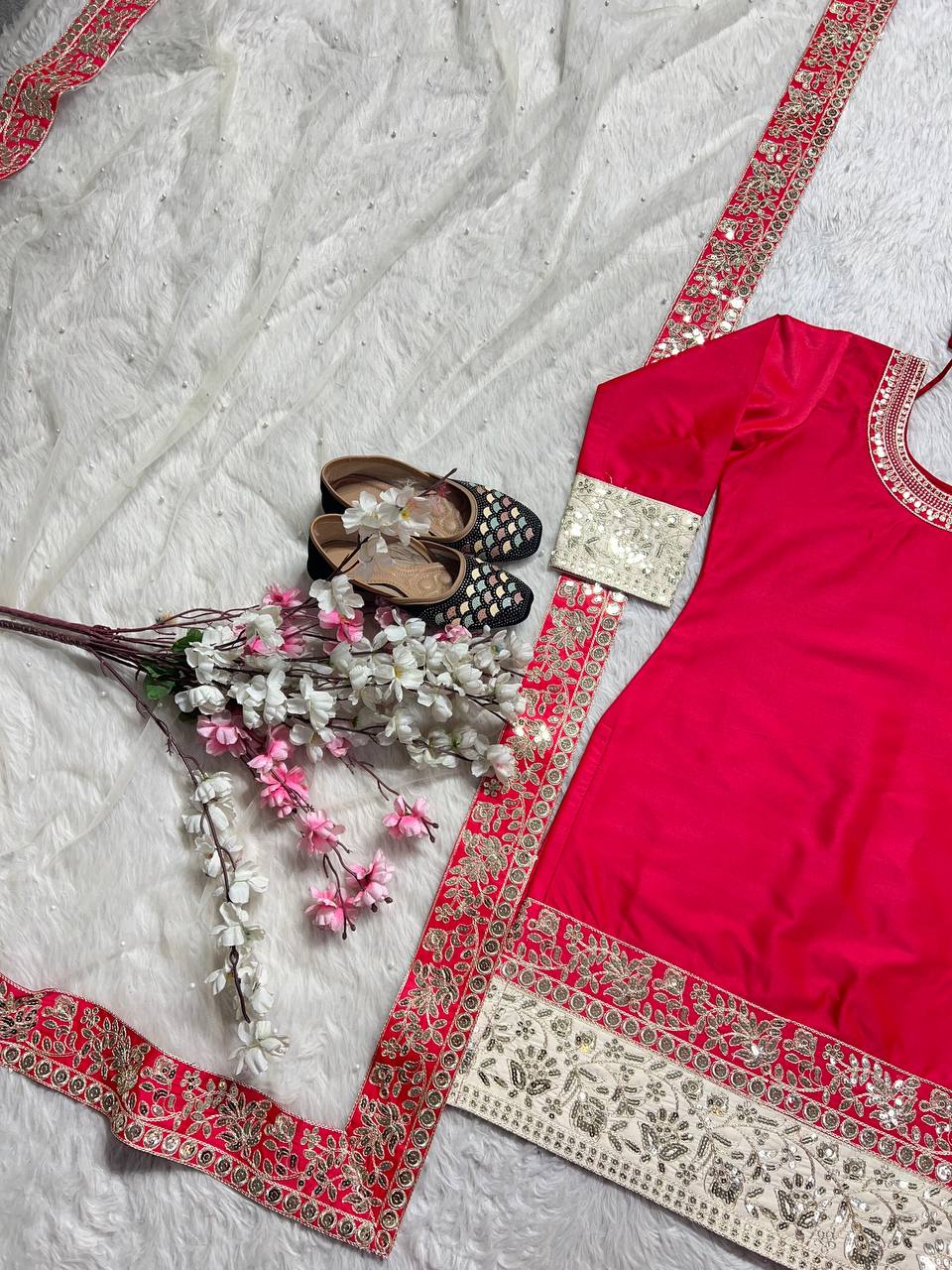 Red Color Satin Silk Sequence Ready Made Salwar Suit