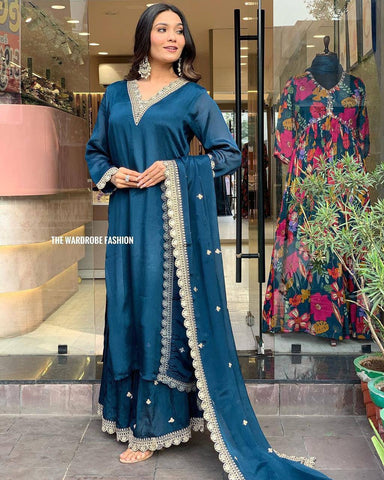 Trendy Rama Satin Embroidery Salwar Suit