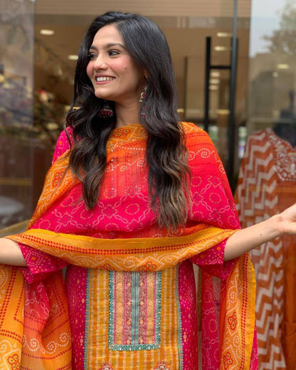 Pink Color Satin Stone Work Bandhani Printed Salwar Suit