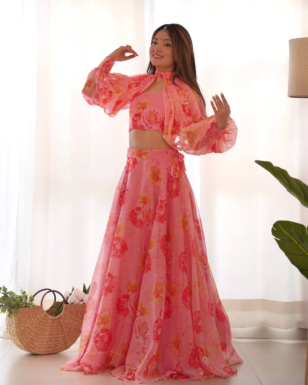 Pink Color Full Stitched Printed Organza Lehenga Choli