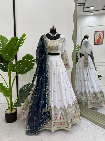 White Color Faux Georgette With Sequnce Work Lehenga Choli