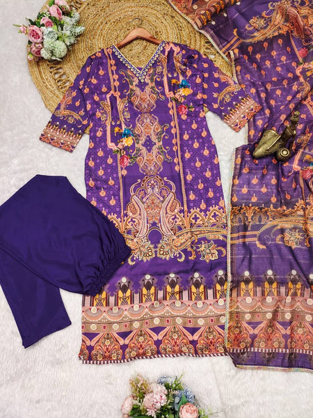 Purple Color Satin Printed Mirror Salwar Suit