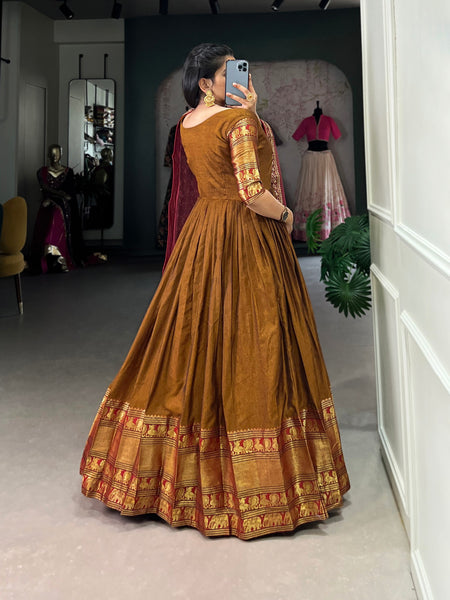 Brown Color Cotton Zari Weaving Gown Dupatta