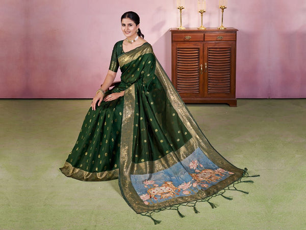 Green Color Jacquard Digital Zari Weaving Saree Blouse