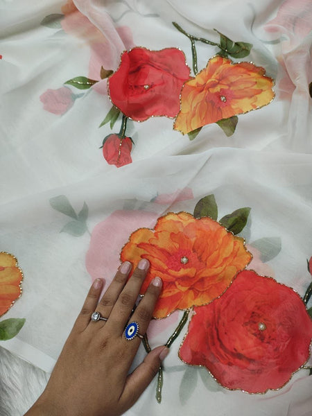 Latest White Color Georgette Hand Work Printed Saree Blouse