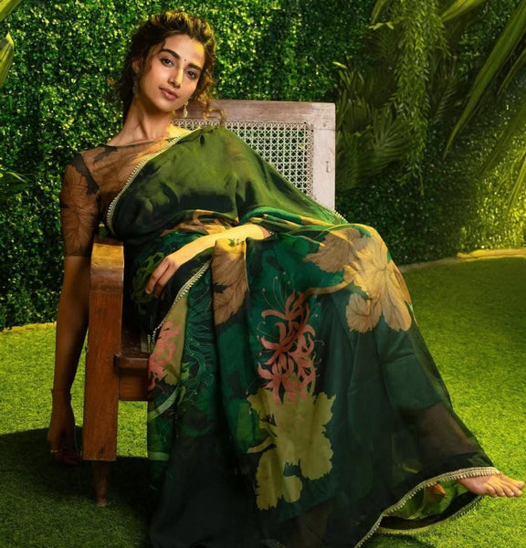Party Wear Green Color Georgette Digital Printed Saree Blouse