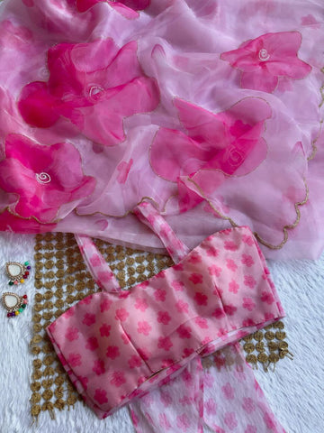 Pink Color Organza Silk Moti Hand Work Saree Blouse