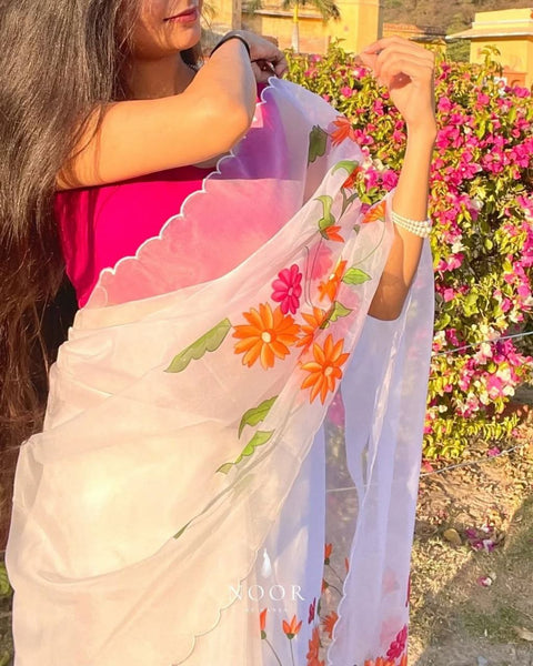 White Color Organza Silk Printed Saree Blouse