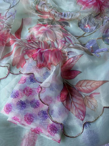 Multi Color Chinon Silk Sequence Printed Saree Blouse