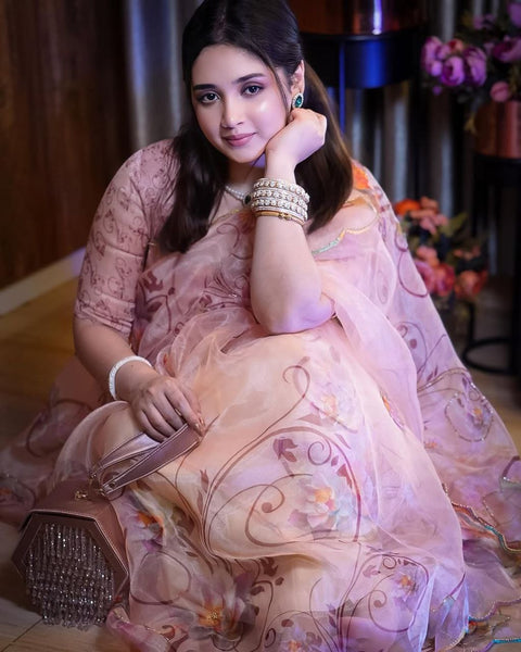 Organza Silk Moti Hnd Work Pirnted Saree Blouse