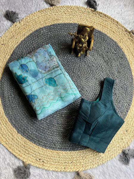 Organza Khatli Work Printed Saree Blouse