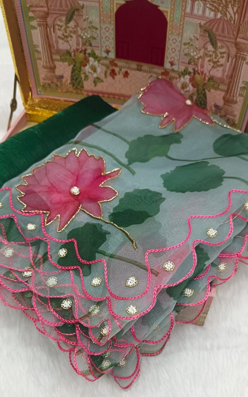Latest Green Color Moti Khatli Work Organza Saree Blouse