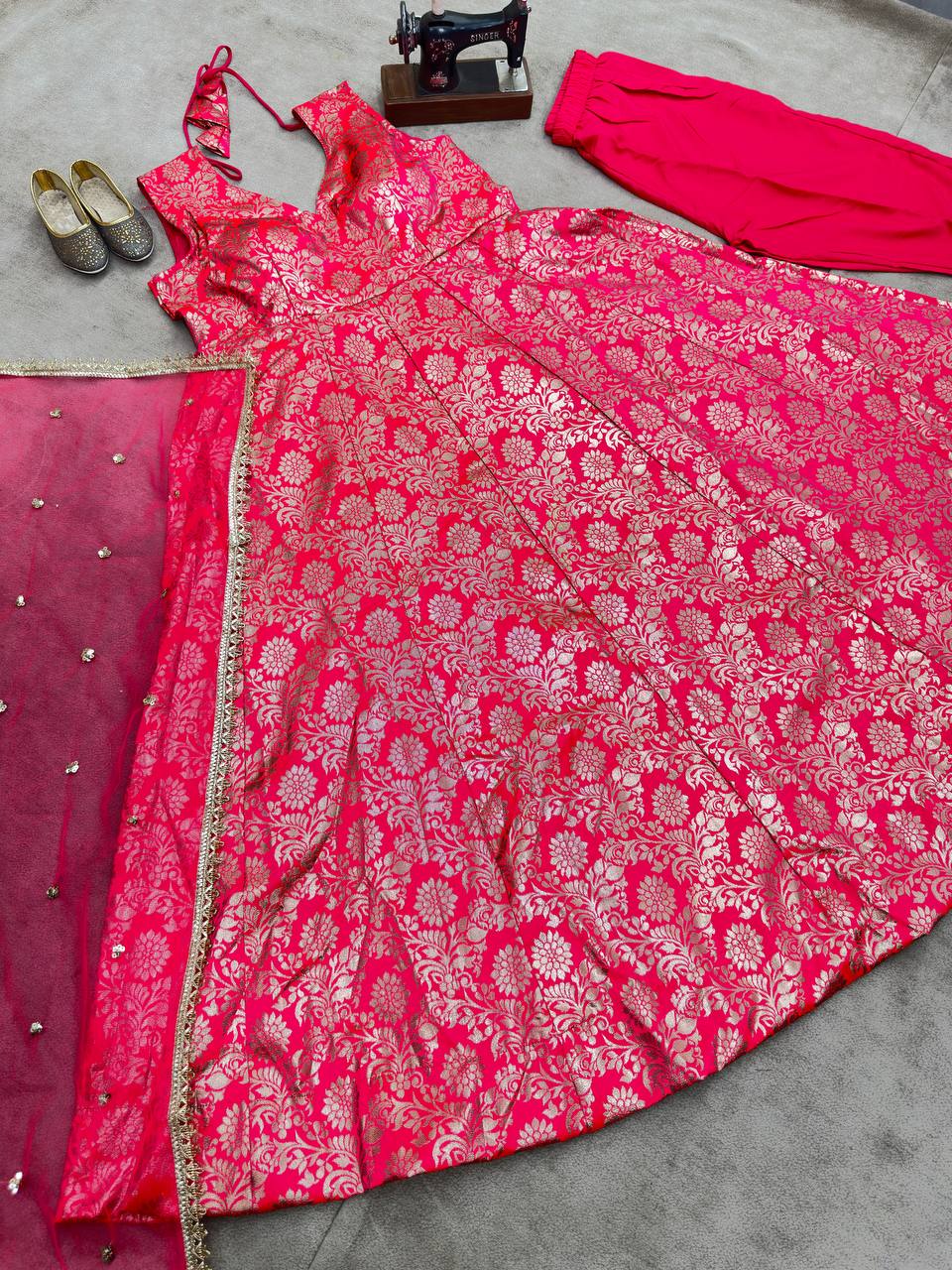 Rani Cclor Jacquard Anarkali Gown Dupatta Bottom Set