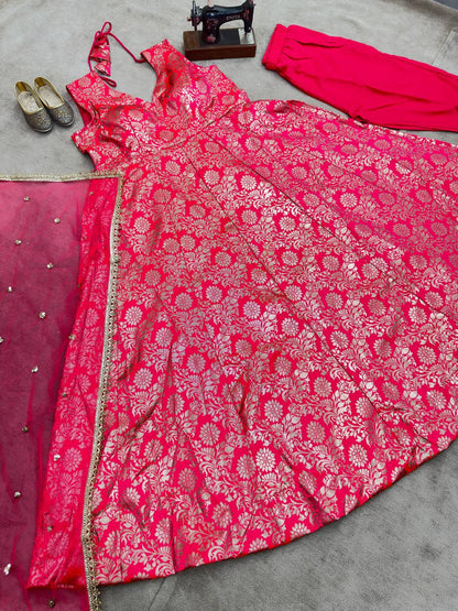 Rani Cclor Jacquard Anarkali Gown Dupatta Bottom Set
