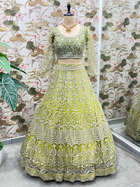 Green Color Net Sequence Lehenga Choli