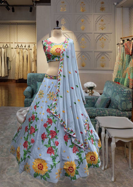 Latest Grey Color Georgette Embroidery Lehenga Choli