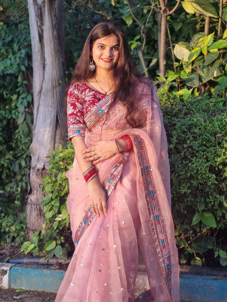 Pink Color Organza Silk Sequence Saree Blouse