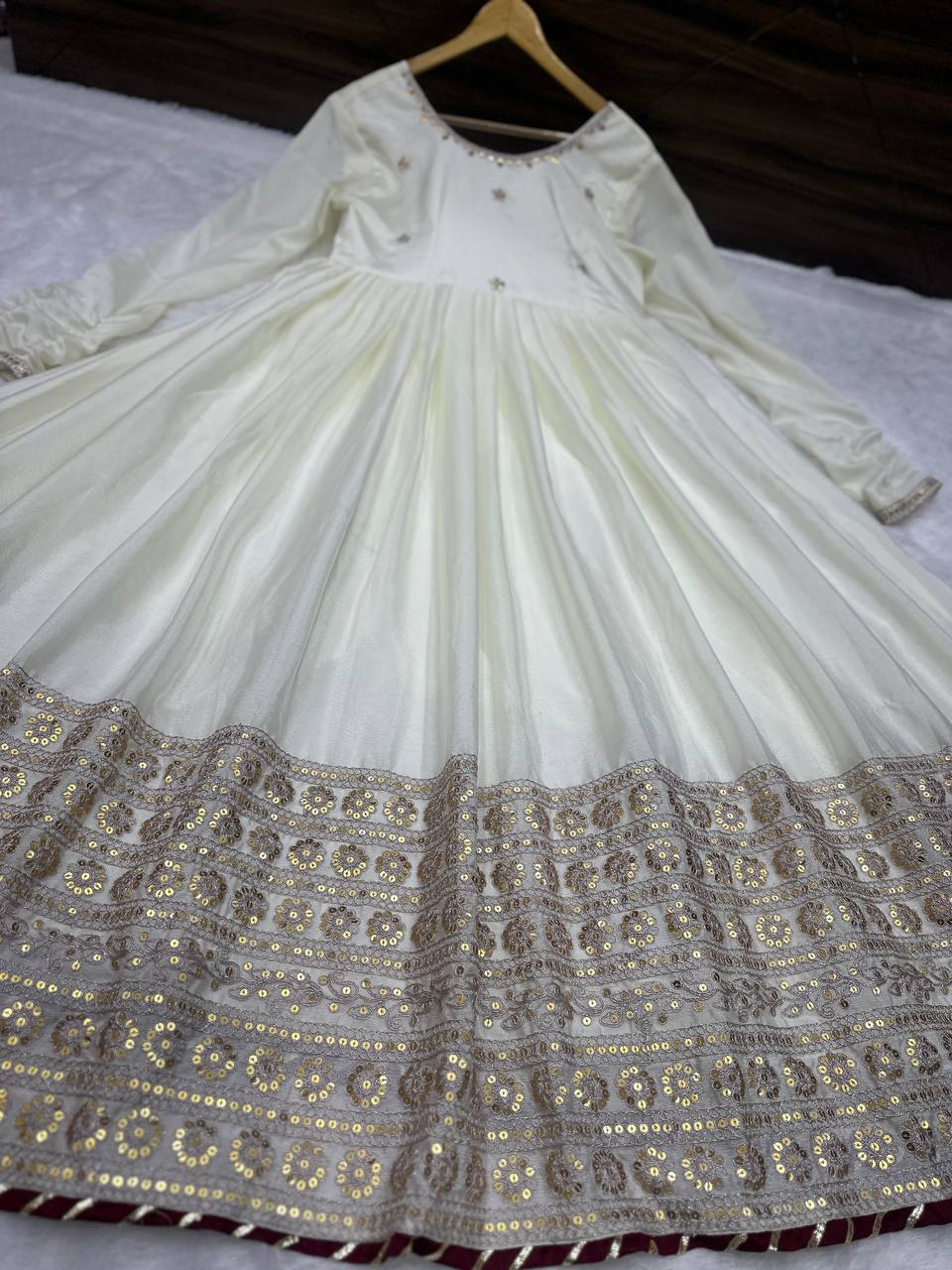 Ville Fashion Women's Off-White Chinon Silk Anarkali Suit with Heavy Sequence Work & Salwar