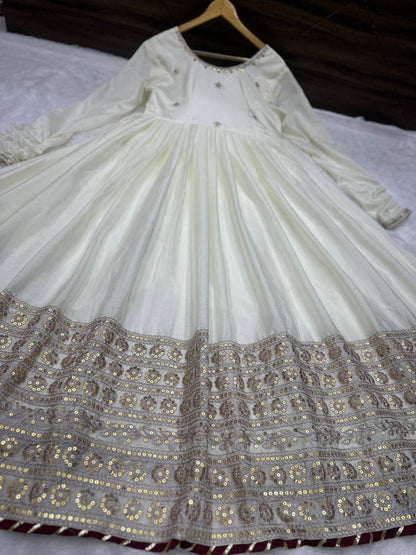 Ville Fashion Women's Off-White Chinon Silk Anarkali Suit with Heavy Sequence Work & Salwar