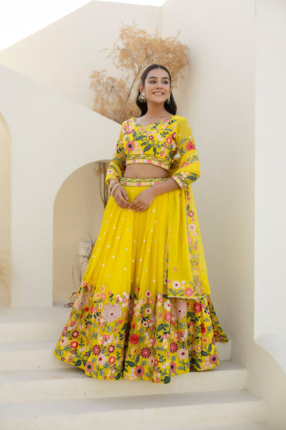 Wedding Wear Yellow Color Organza Sequence Lehenga Choli