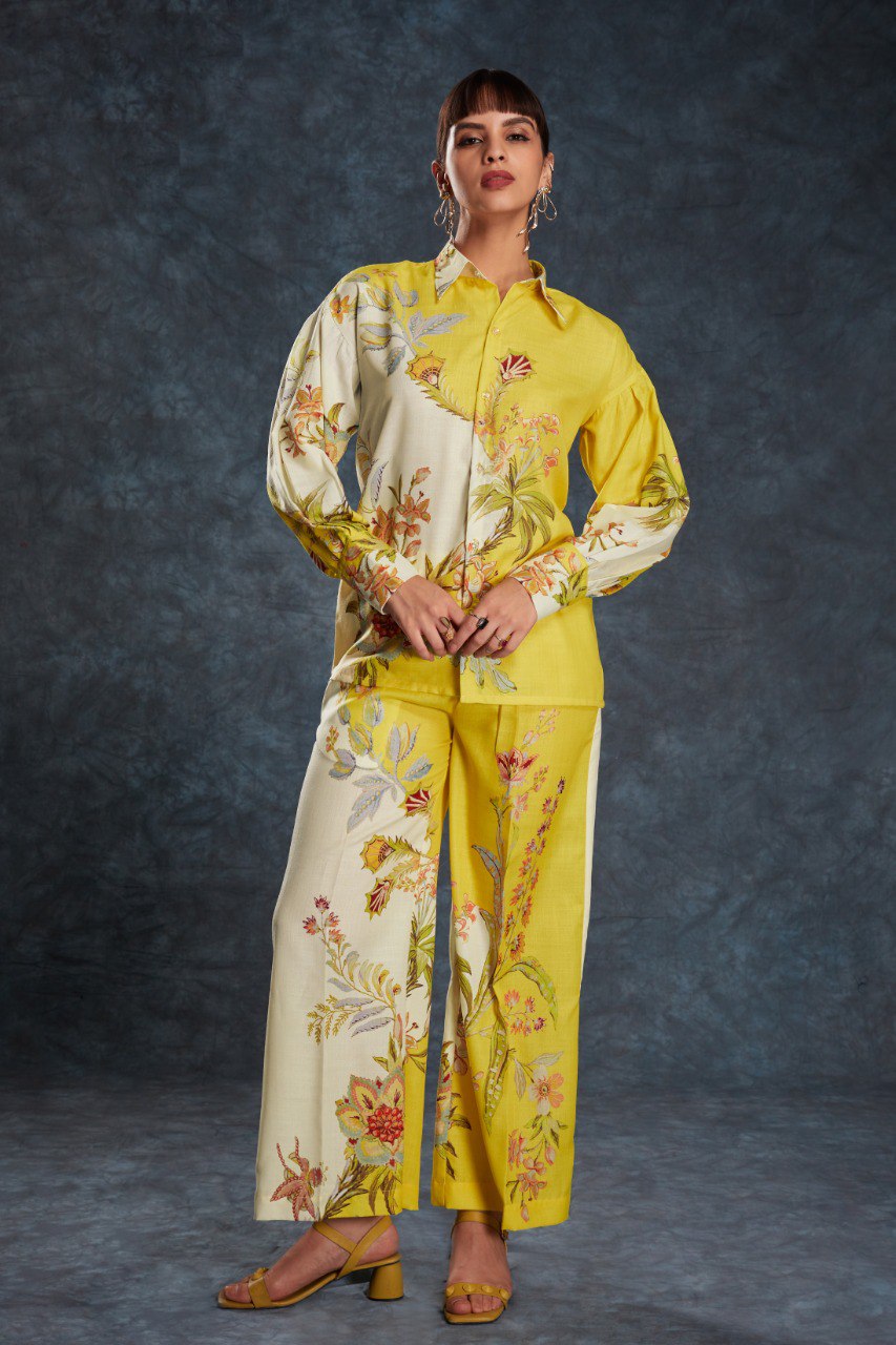 Yellow Color Printed Linen Co-ord Set