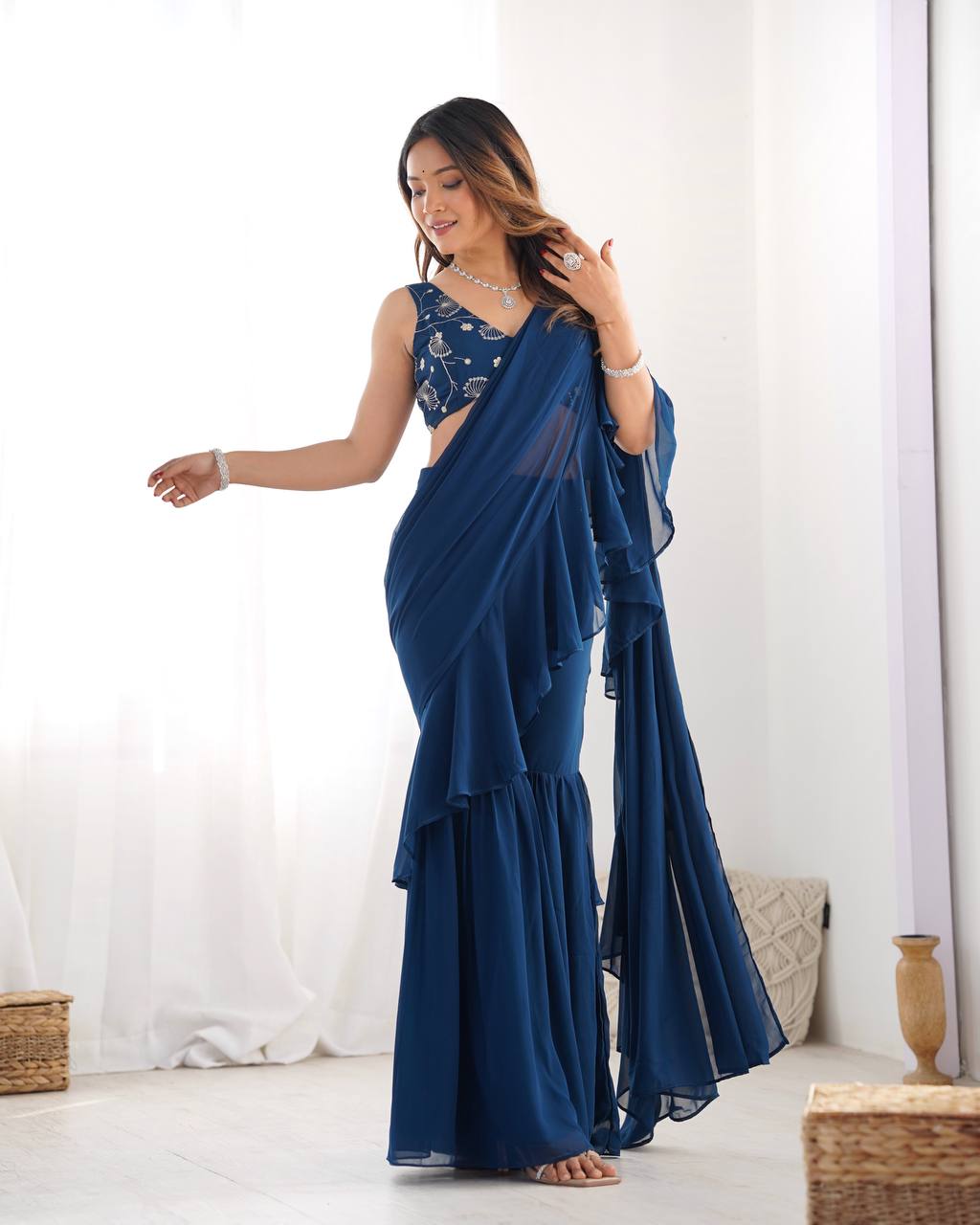 Latest Blue Color Georgette Sharara Saree