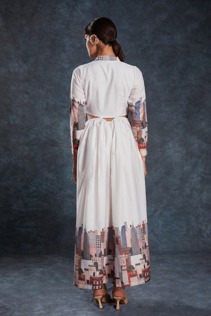 White Color Linen Printed Maxi Gown