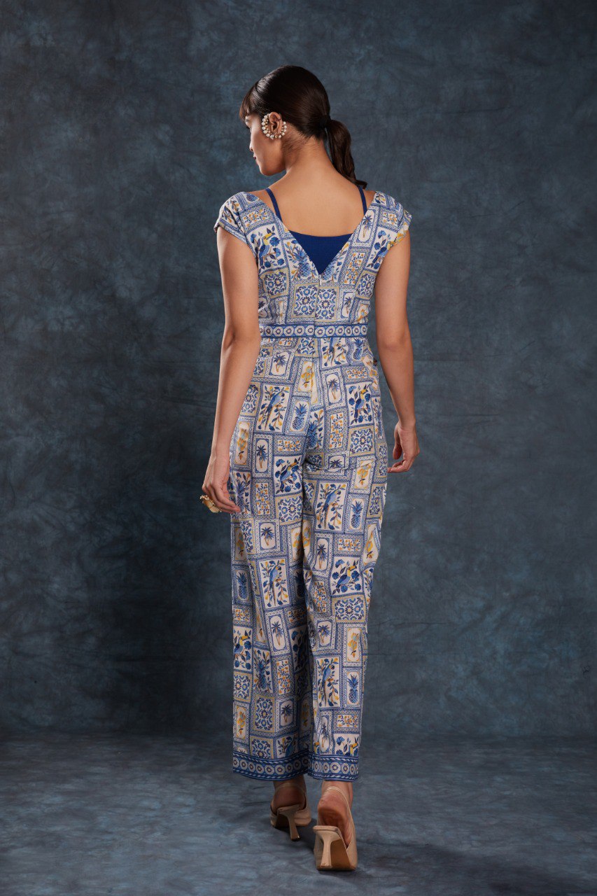Blue Color Linen Printed Jump Suit