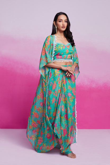 Turquois Color Georgette Printed Co-ord Set