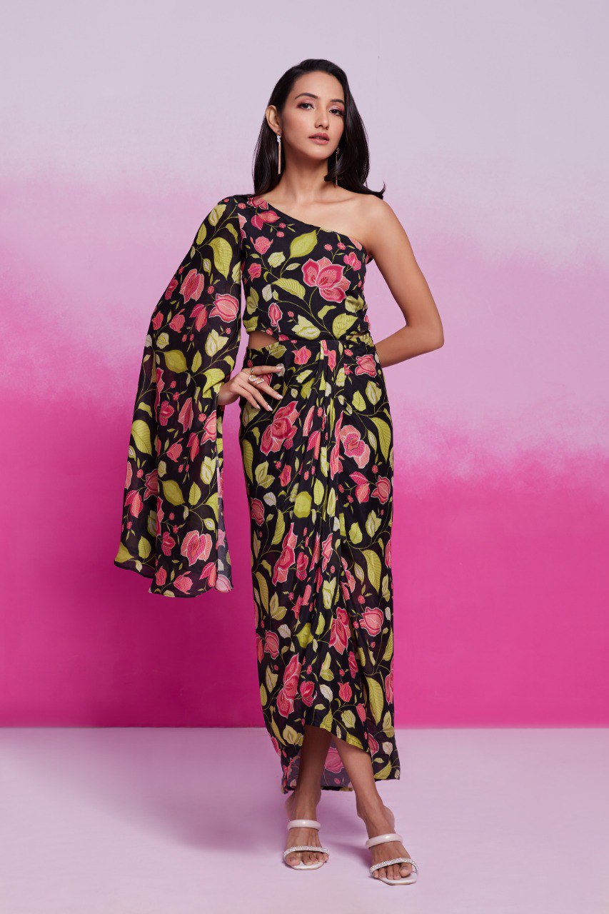 Black Color Chinon Silk Printed Co-Ord Set