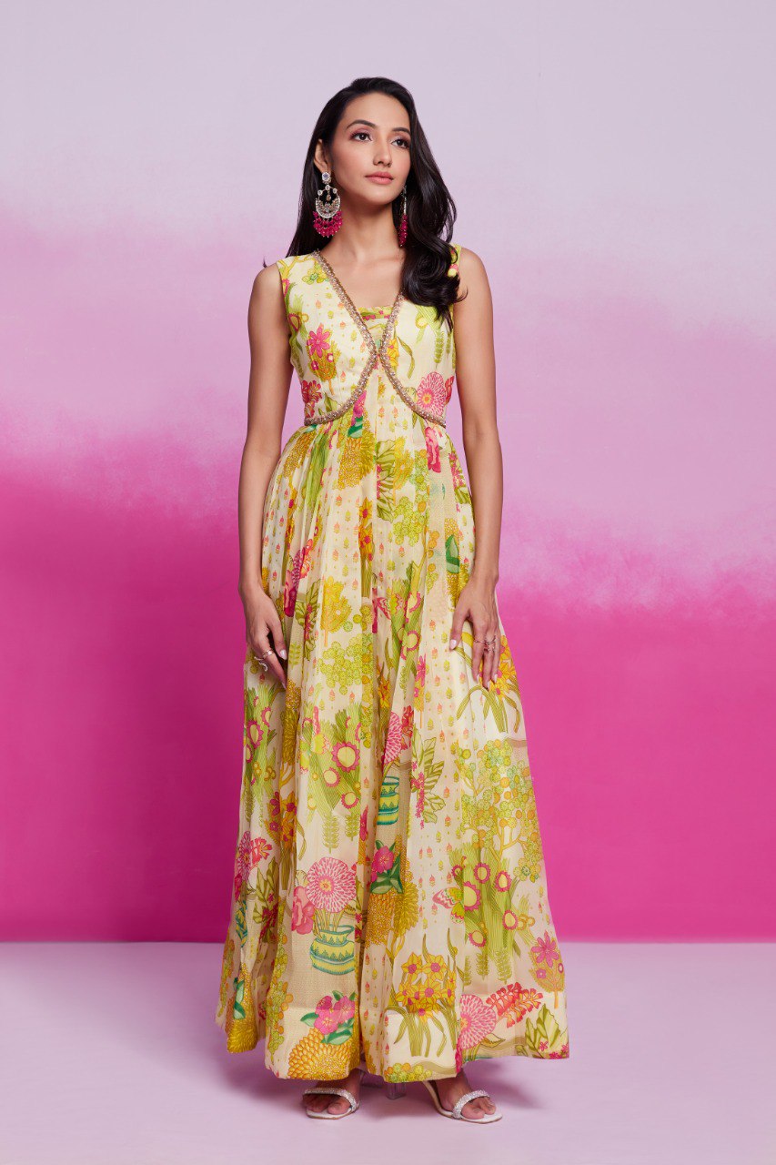 Yellow Color Organza Printed Gown