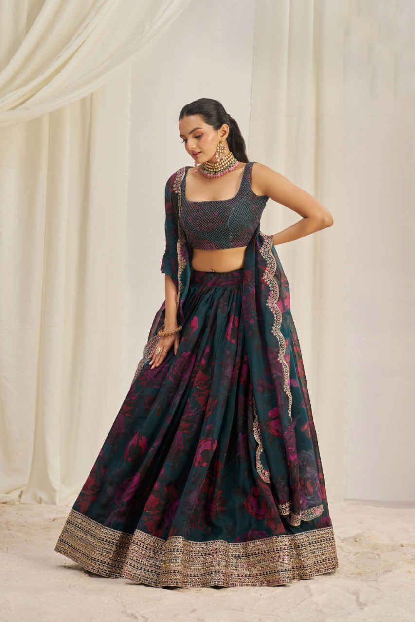 Blue Color Organza Printed Sequence Lehenga Choli