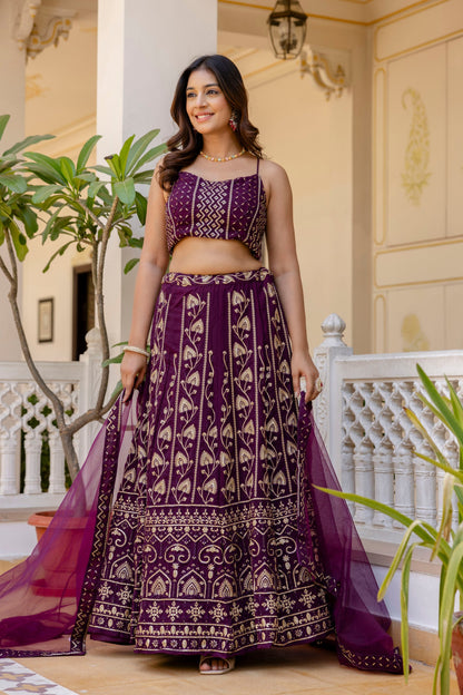 Wine Color Georgette Sequence Lehenga Choli