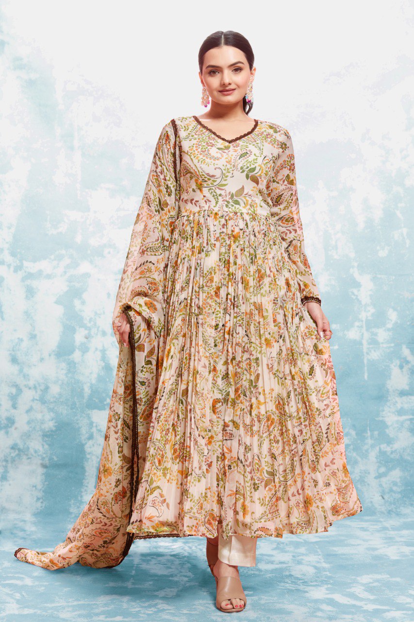 Cream Color Chiffon Digital Printed Anarkali Top Pant Dupatta