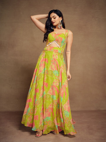 Green Color Georgette Digital Printed Gown