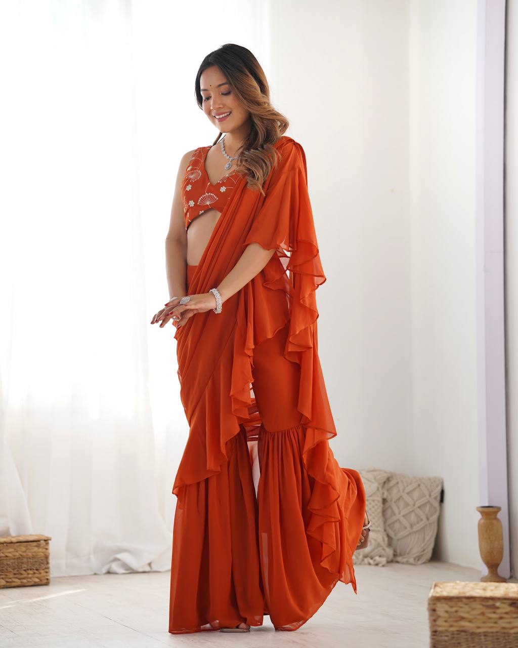 Rust Color Georgette Sequence Ready to wear Plazo Saree