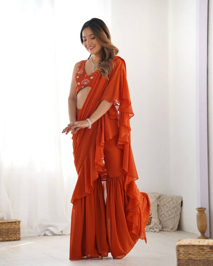 Rust Color Georgette Sequence Ready to wear Plazo Saree