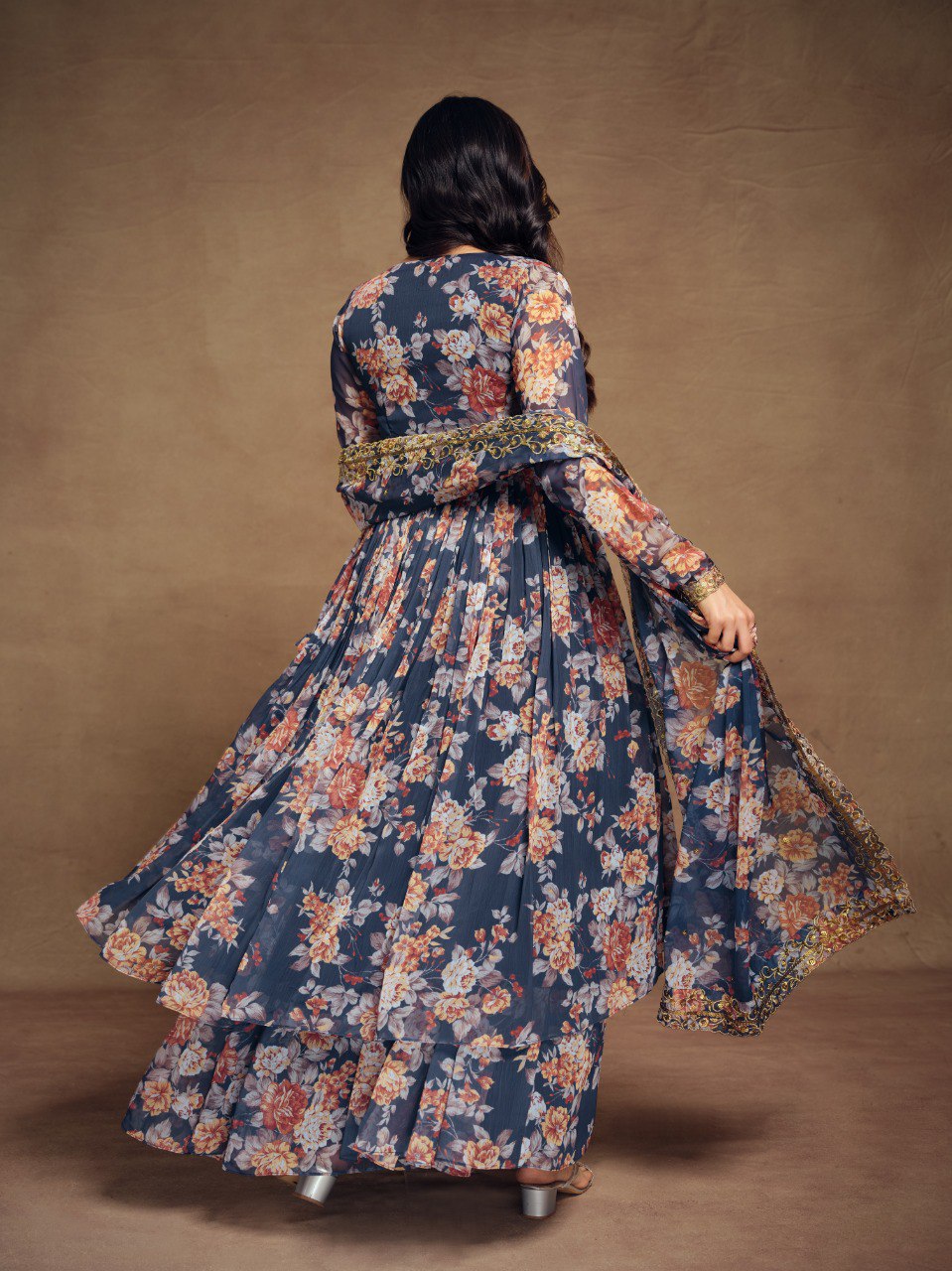 Blue Color Embroidered Chiffon Plazo Suit