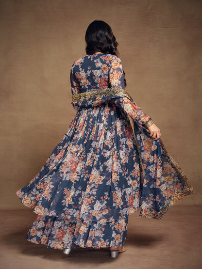 Blue Color Embroidered Chiffon Plazo Suit