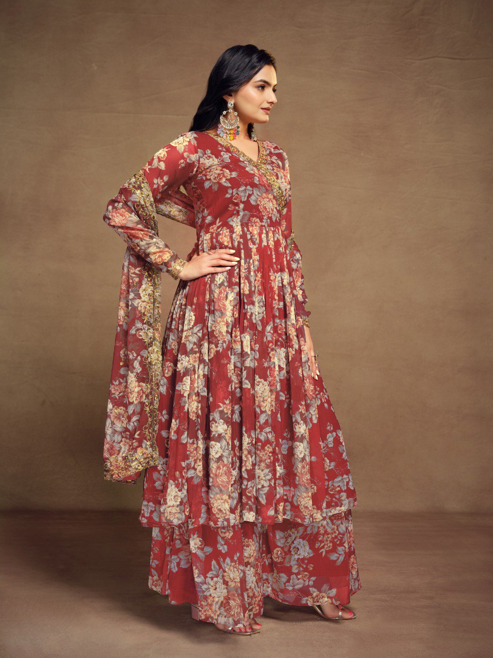 Red Color Chiffon Embroidered Zari Plazo Top Dupatta