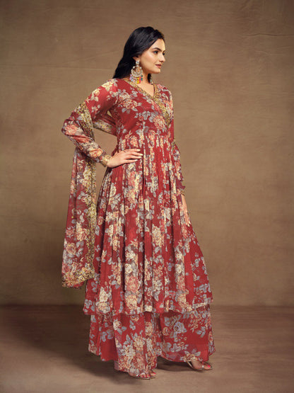 Red Color Chiffon Embroidered Zari Plazo Top Dupatta